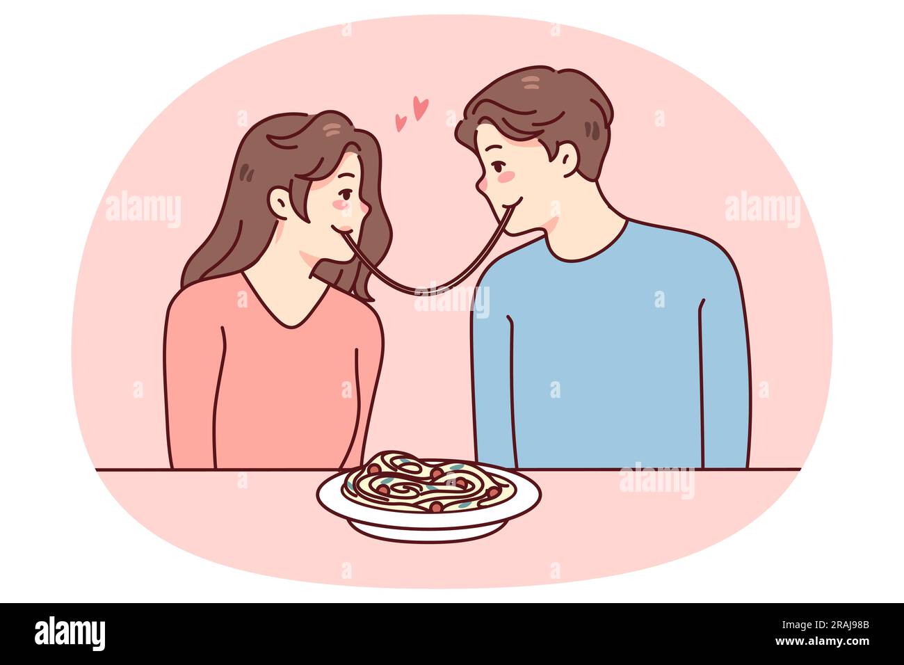 Happy couple having romantic date in restaurant eating pasta together. Man and woman enjoying romance in cafe. Flat vector illustration. Stock Vector