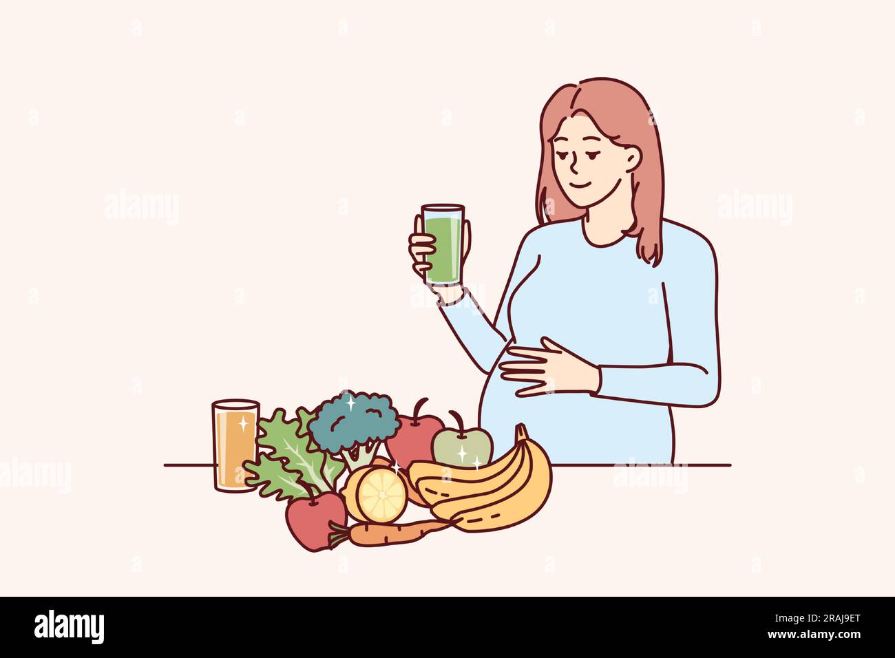 Pregnant woman drinks juice from fresh fruits and vegetables standing