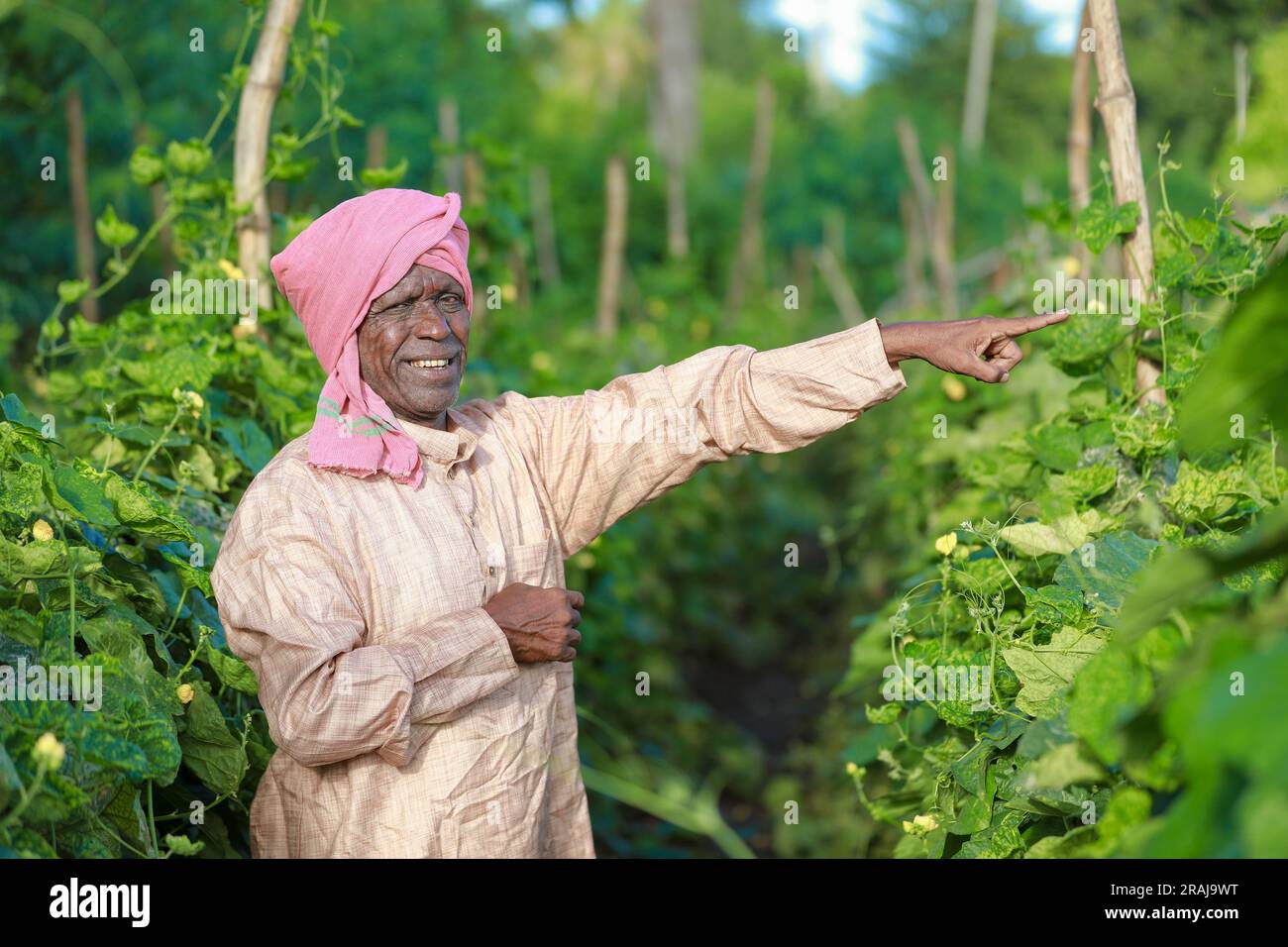 Indian farming Happy indian farmer standing in farm, sowing Empty Hands Stock Photo