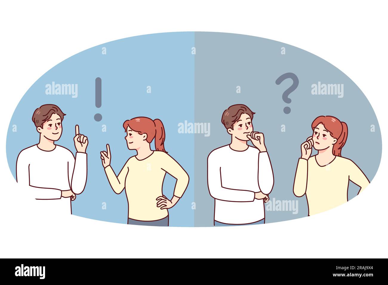 Couple feeling confused thinking of problem solution. Pensive man and woman consider solving issue and finding answer. Teamwork concept. Vector illustration. Stock Vector