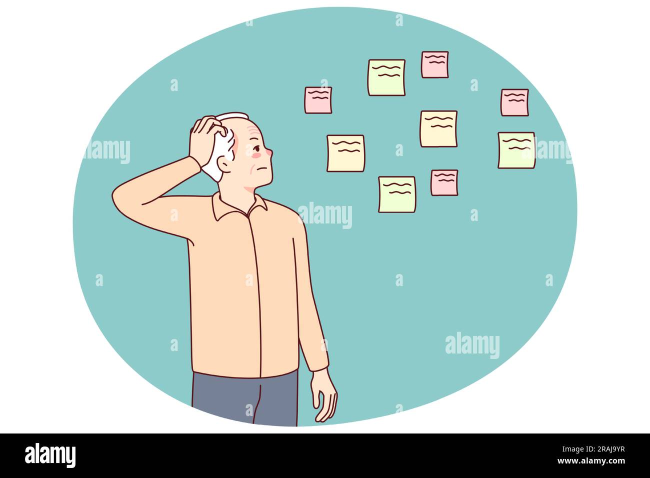 Elderly man making notes suffering from memory loss. Old grandfather ...