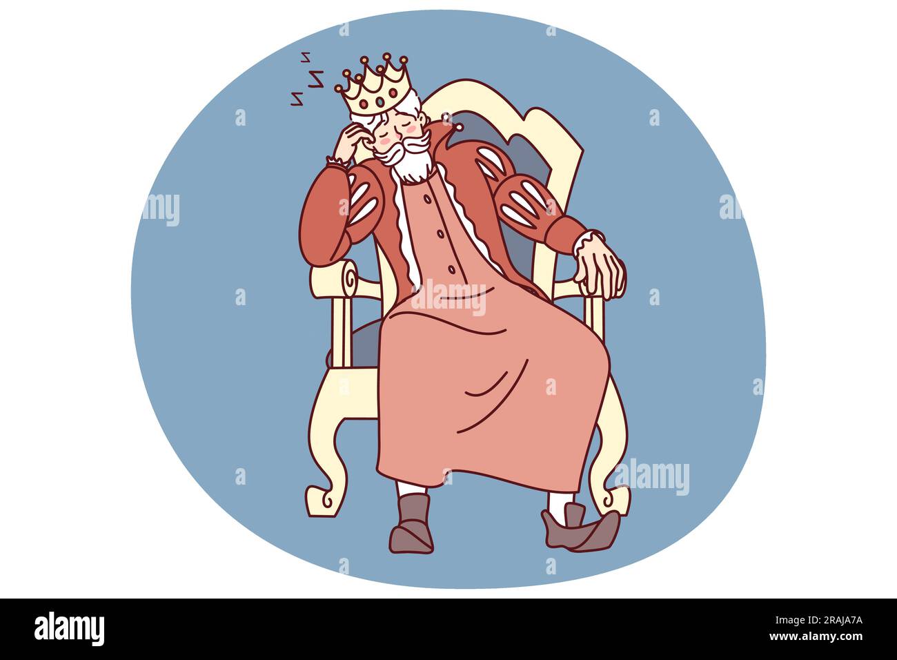 Bored king with crown on head fall asleep in chair. Tired monarch sleeping in armchair. Exhaustion and fatigue. Vector illustration. Stock Vector