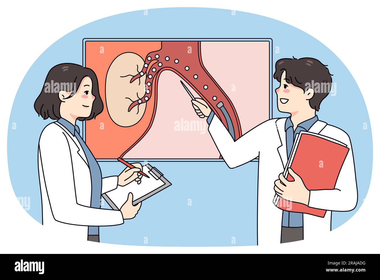 Doctors brainstorm talk about patient embolization. Medical colleague discuss diagnosis looking at organ picture. Hepatology and liver problem. Vector illustration. Stock Vector