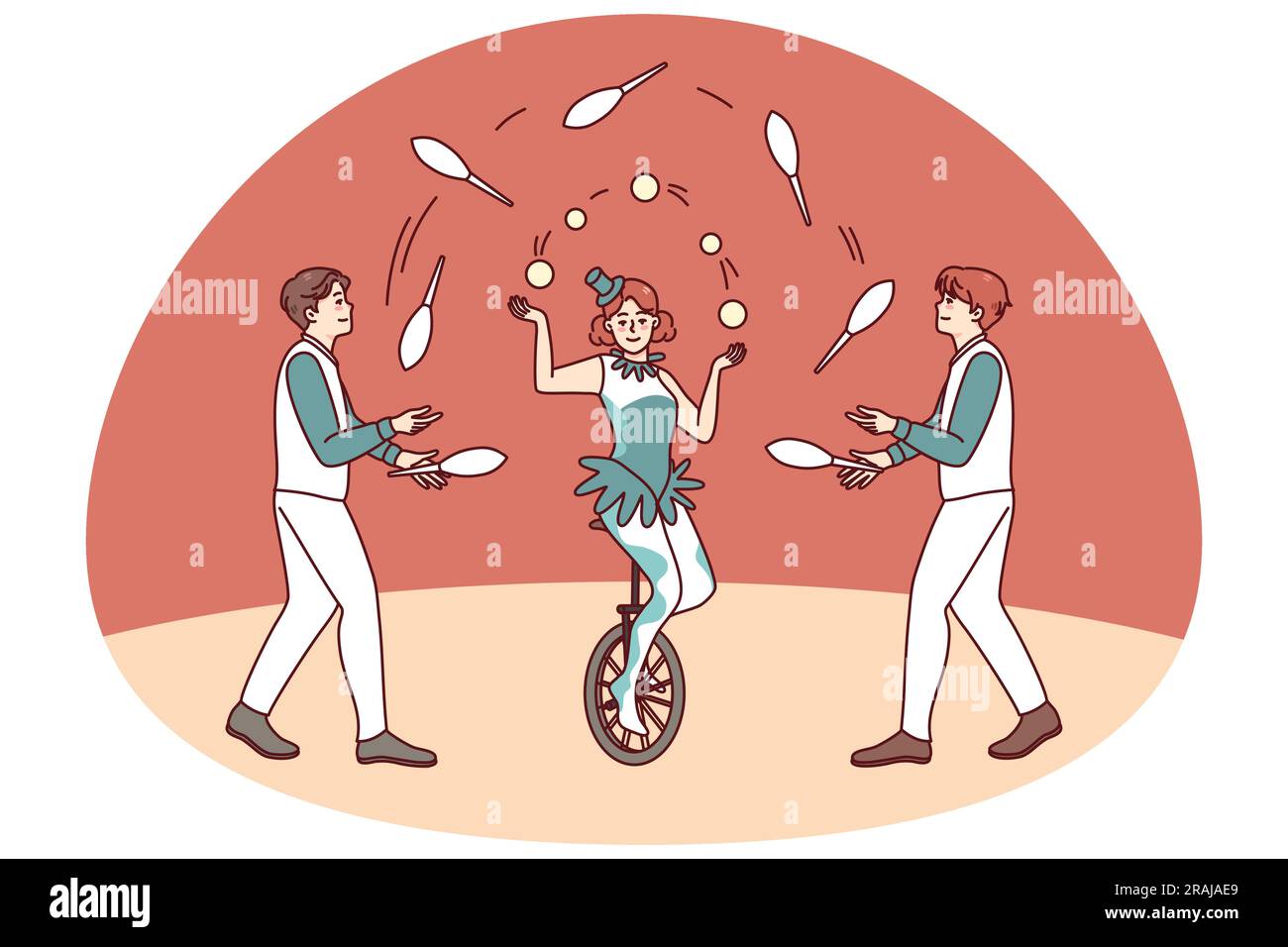 Artist juggling on circus arena. Man and woman performers make show on stage. Jugglers performance. Flat vector illustration. Stock Vector