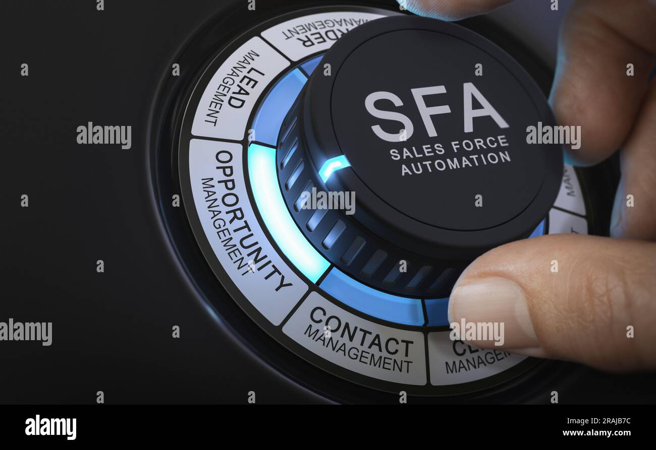User selecting a functionality by turning a knob on a SFA platform. Sales Force Automation concept. Stock Photo