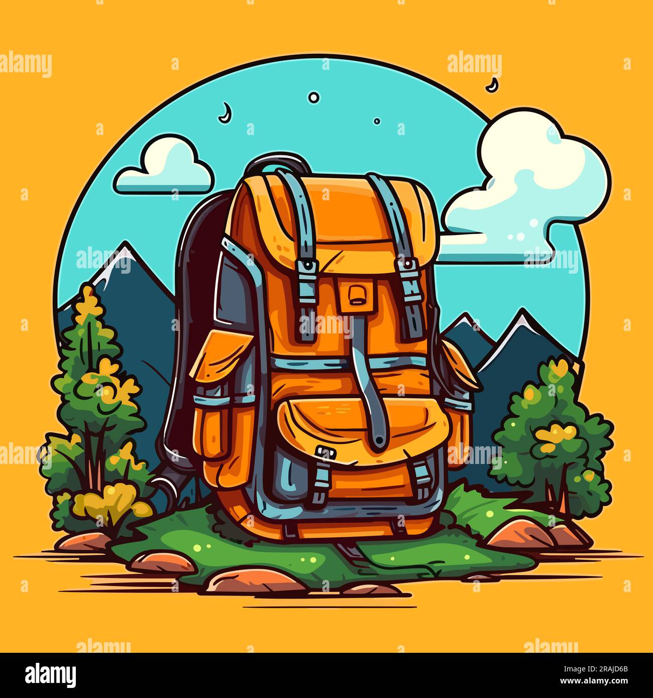 Hiking backpack. Hiking backpack handdrawn comic illustration. Vector