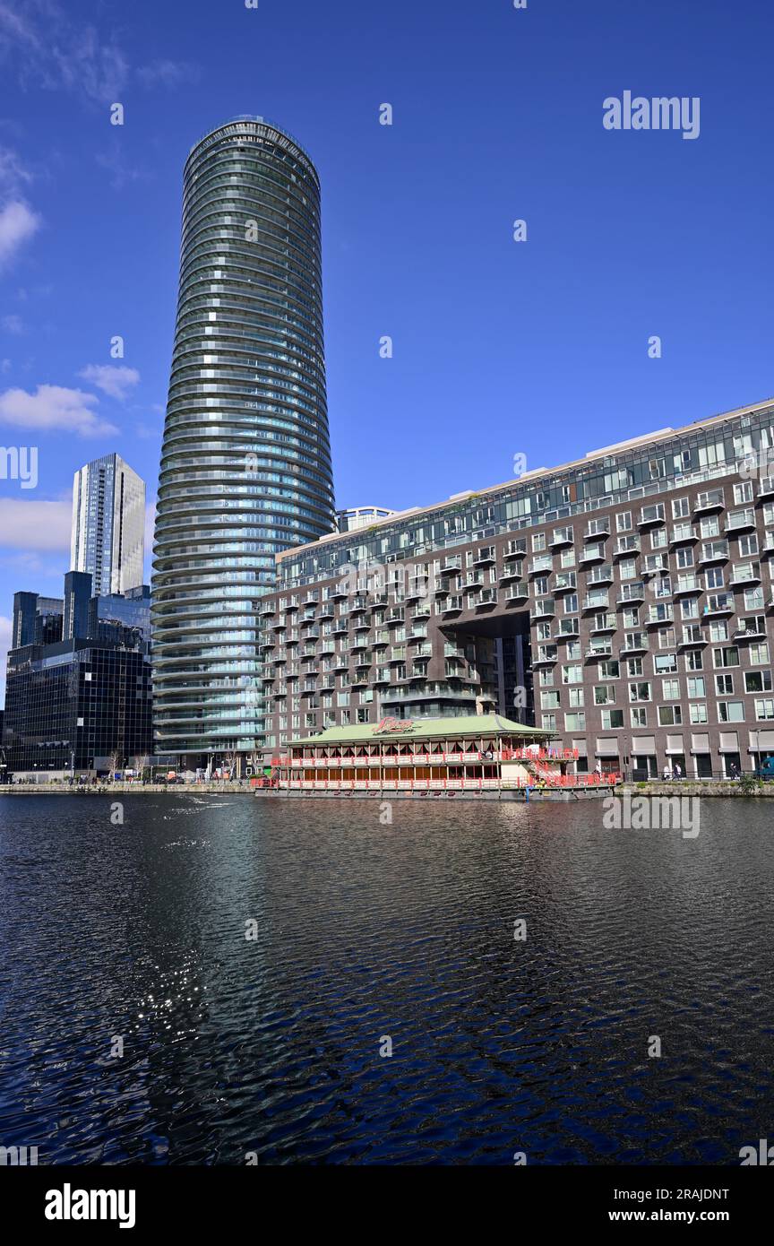 Baltimore wharf and Arena tower (Baltimore tower), Crossharbour Plaza, Oakland Quay, Millwall Inner dock, Canary Wharf Docklands, East London, United Stock Photo