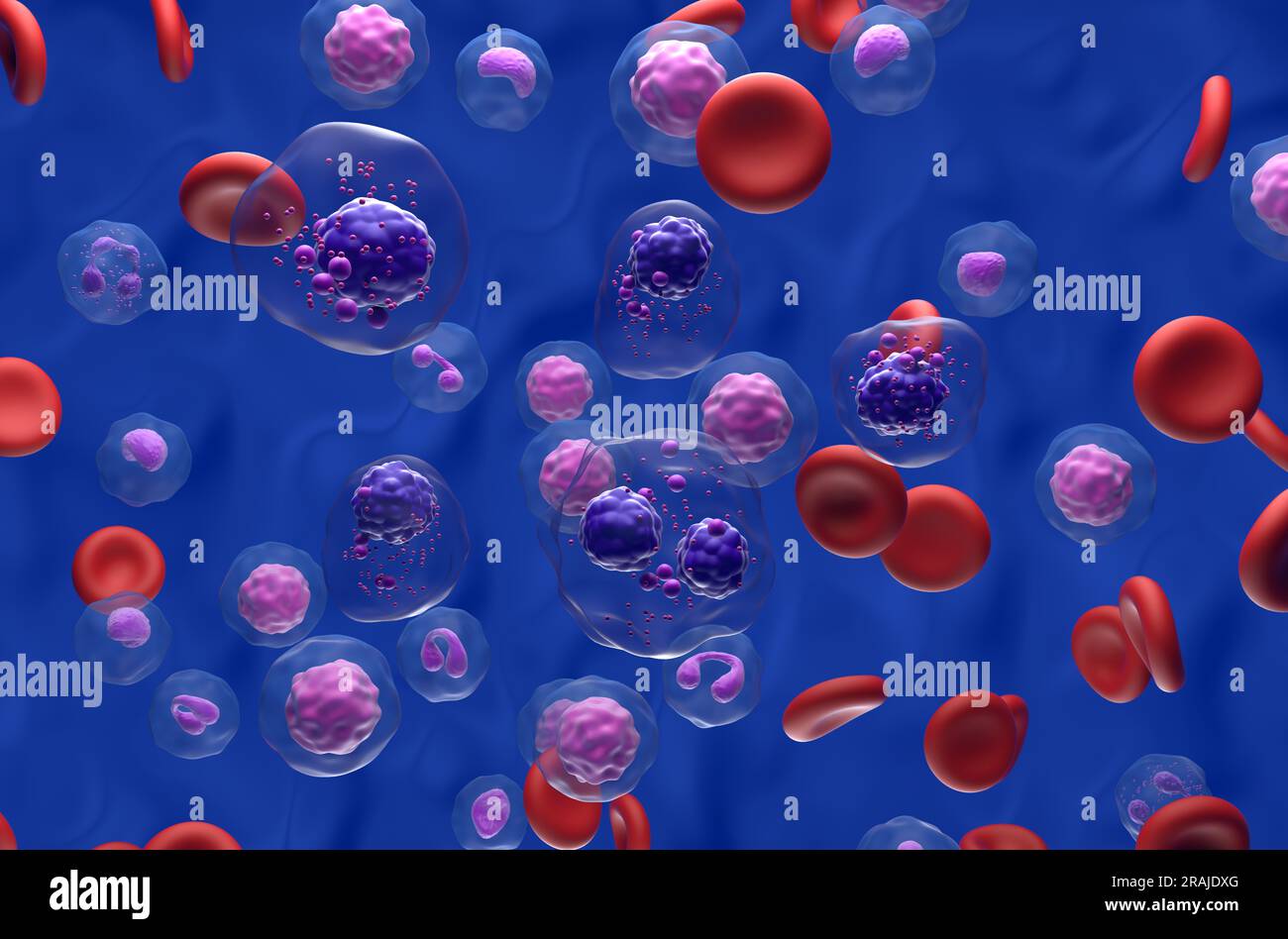 Multiple myeloma cells cluster in the blood flow - isometric view 3d illustration Stock Photo