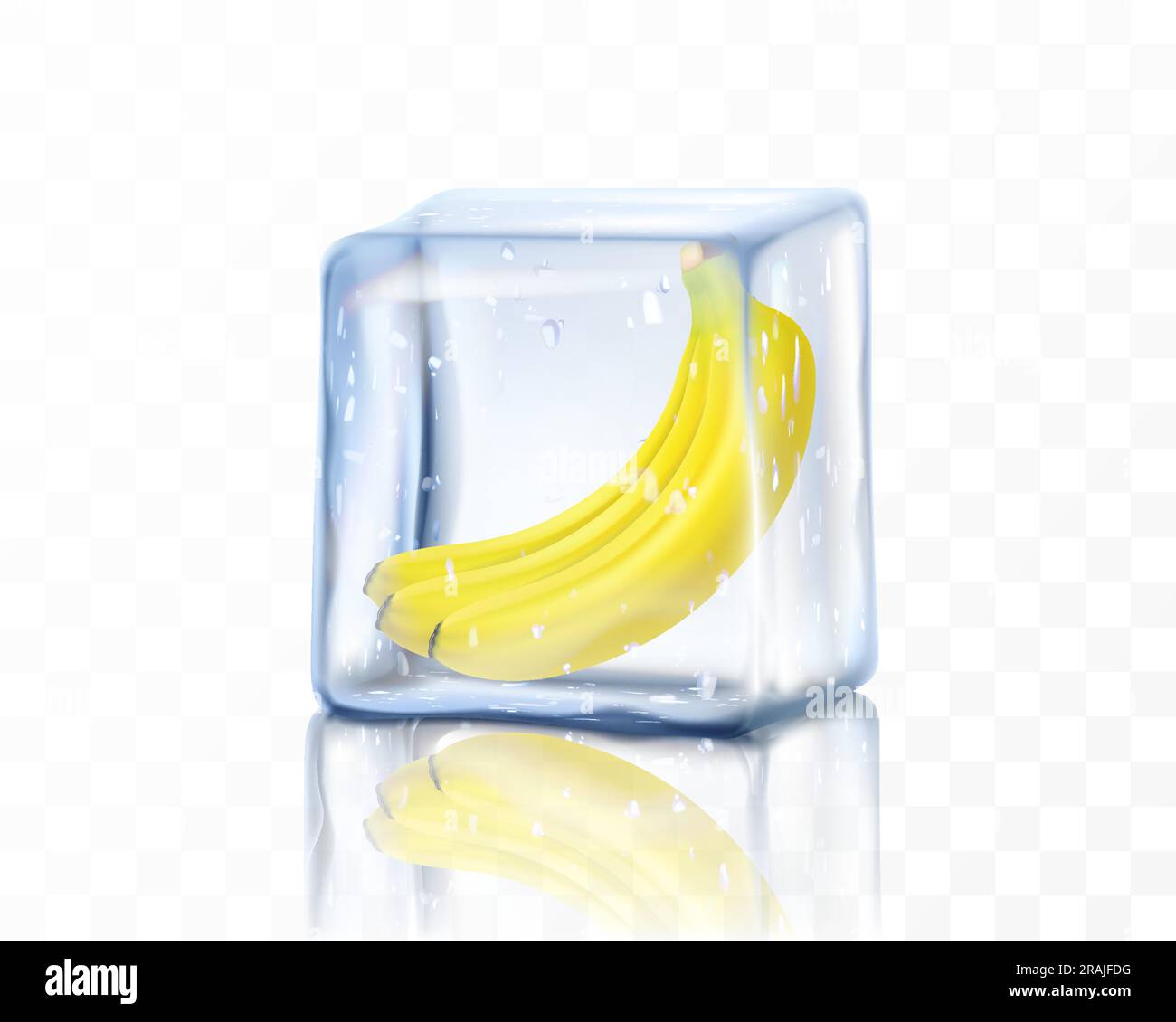 Fresh ripe banana in ice cube isolated on transparent background. Frozen bananas, realistic 3d