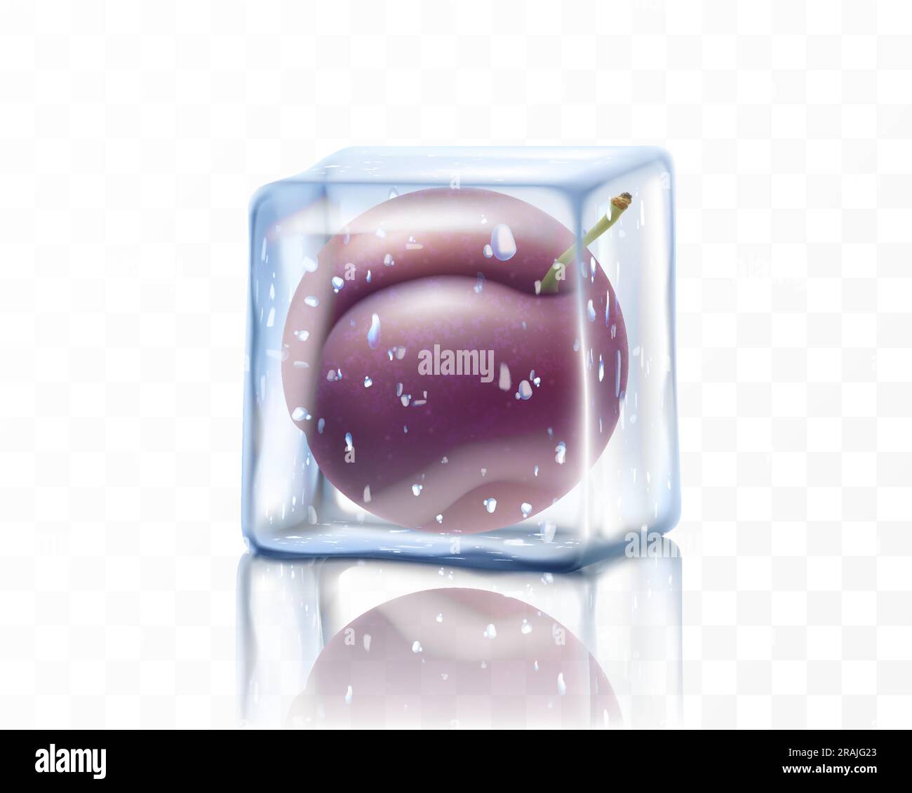 Fresh ripe plum in ice cube isolated on transparent background. Frozen