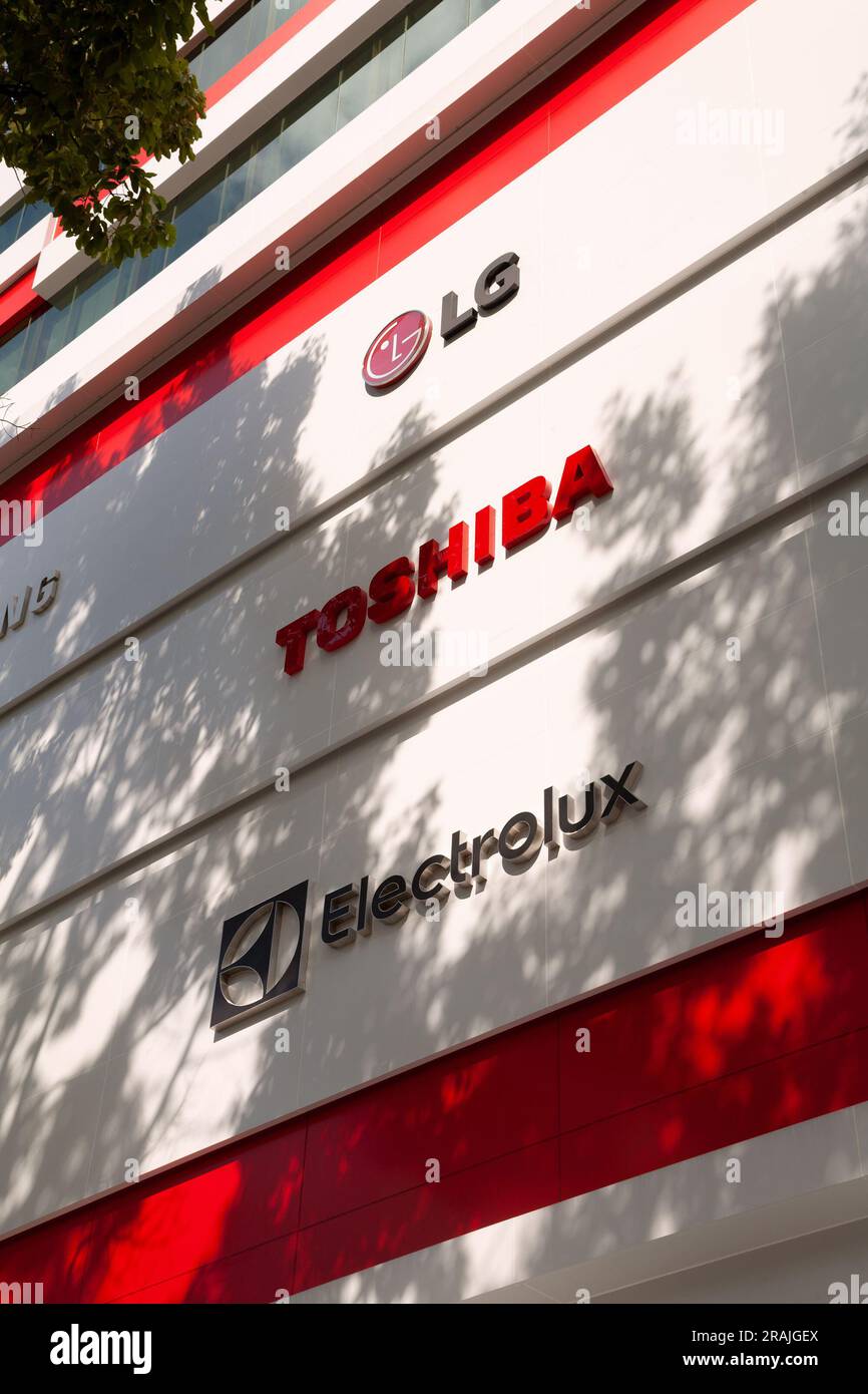 Ho Chi Minh City, Vietnam - June 4, 2023: Electronic companies logos listed on an appliance shopping center. Several different brand names advertised - Stock Image