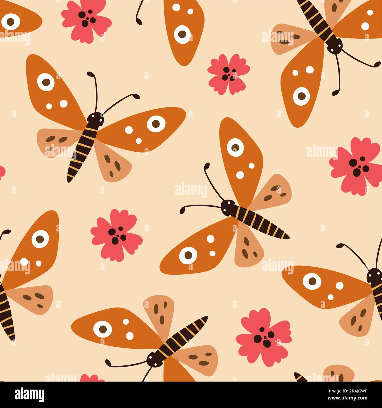 Beautiful butterfly seamless pattern. Repeat pattern with abstract butterfly and flowers isolated on beige background. Square design. Vector illustrat Stock Vector