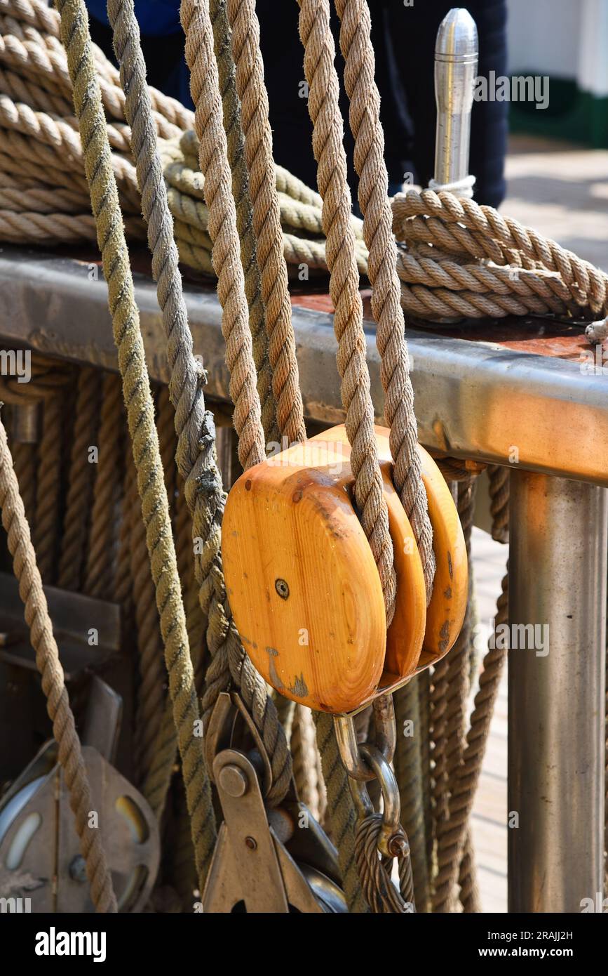 Den Helder, Netherlands. June 30, 2023. A close up of a pulley and rope. High quality photo Stock Photo