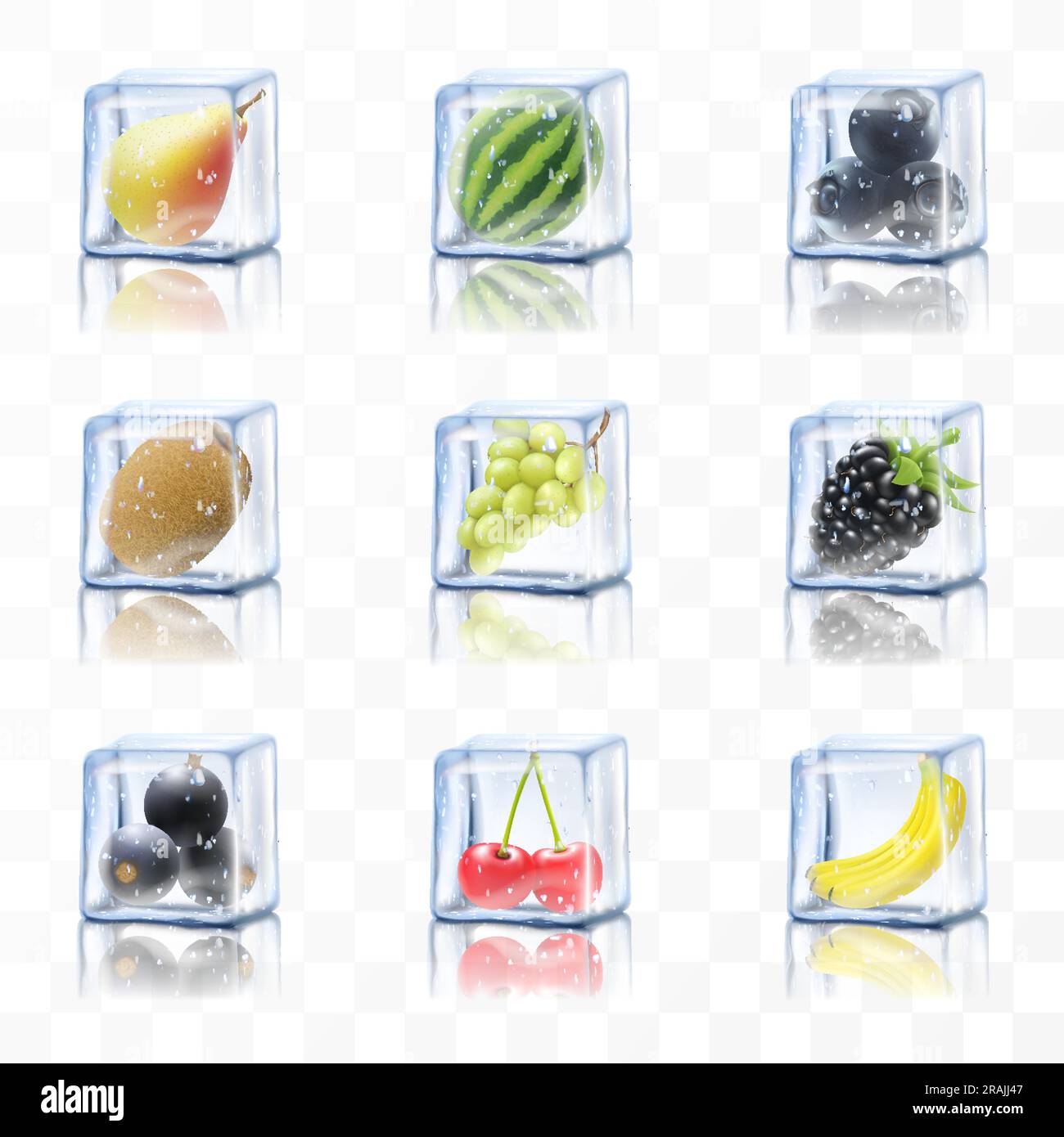 Frozen juicy fruits in ice cubes, pear, banana, watermelon, cherry
