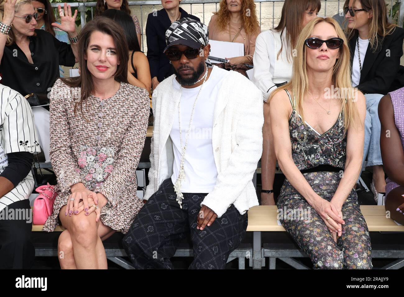 Paris, France. July 4, 2023. Charlotte Casiraghi, Kendrick Lamar and  Vanessa Paradis attends the Chanel Haute couture Fall/Winter 2023/2024 show  as part of Paris Fashion Week in Paris, France on July 4