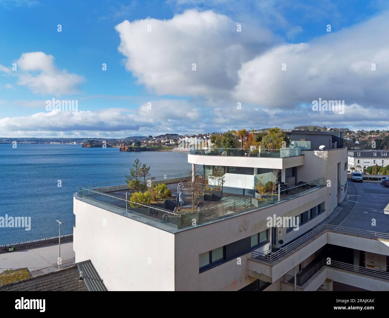 UK, Devon, Torquay, View across Torre Abbey Sands from Footpath above Torbay Road. Stock Photo