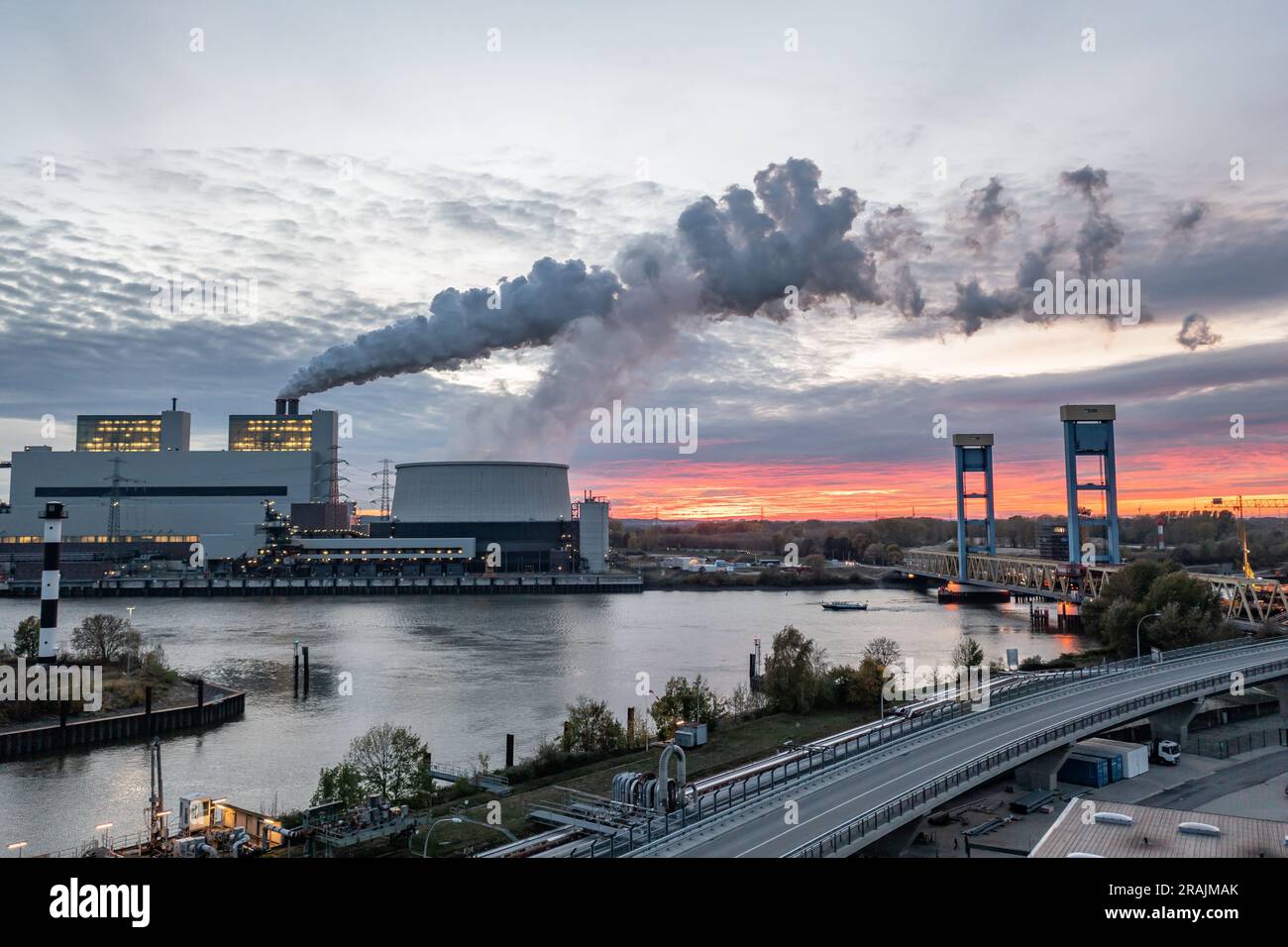 Aerial view of Hamburg's Moorburg coal-fired power station at dusk Stock Photo