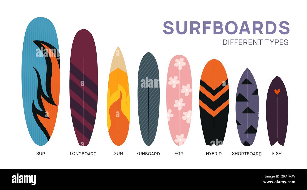 Color surfboards. Different shapes and sizes boards. Patterned designs