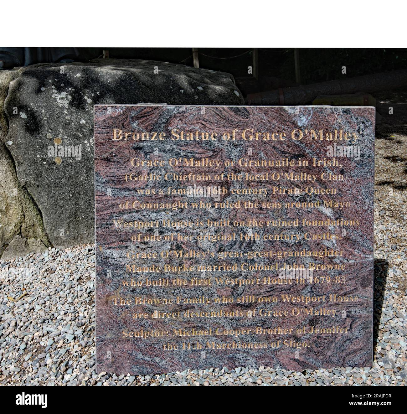 Information stone alongside the bronze statue of Grace O'Malley in the grounds of Westport House