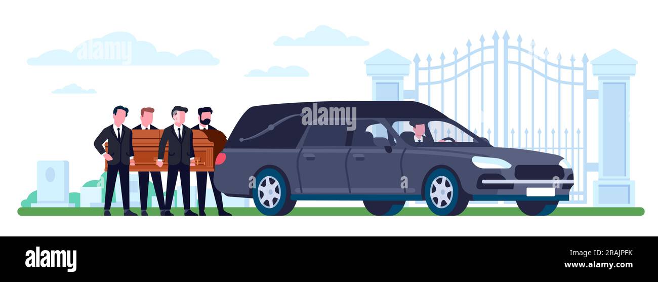 Funeral ritual black hearse car at cemetery. People carry coffin
