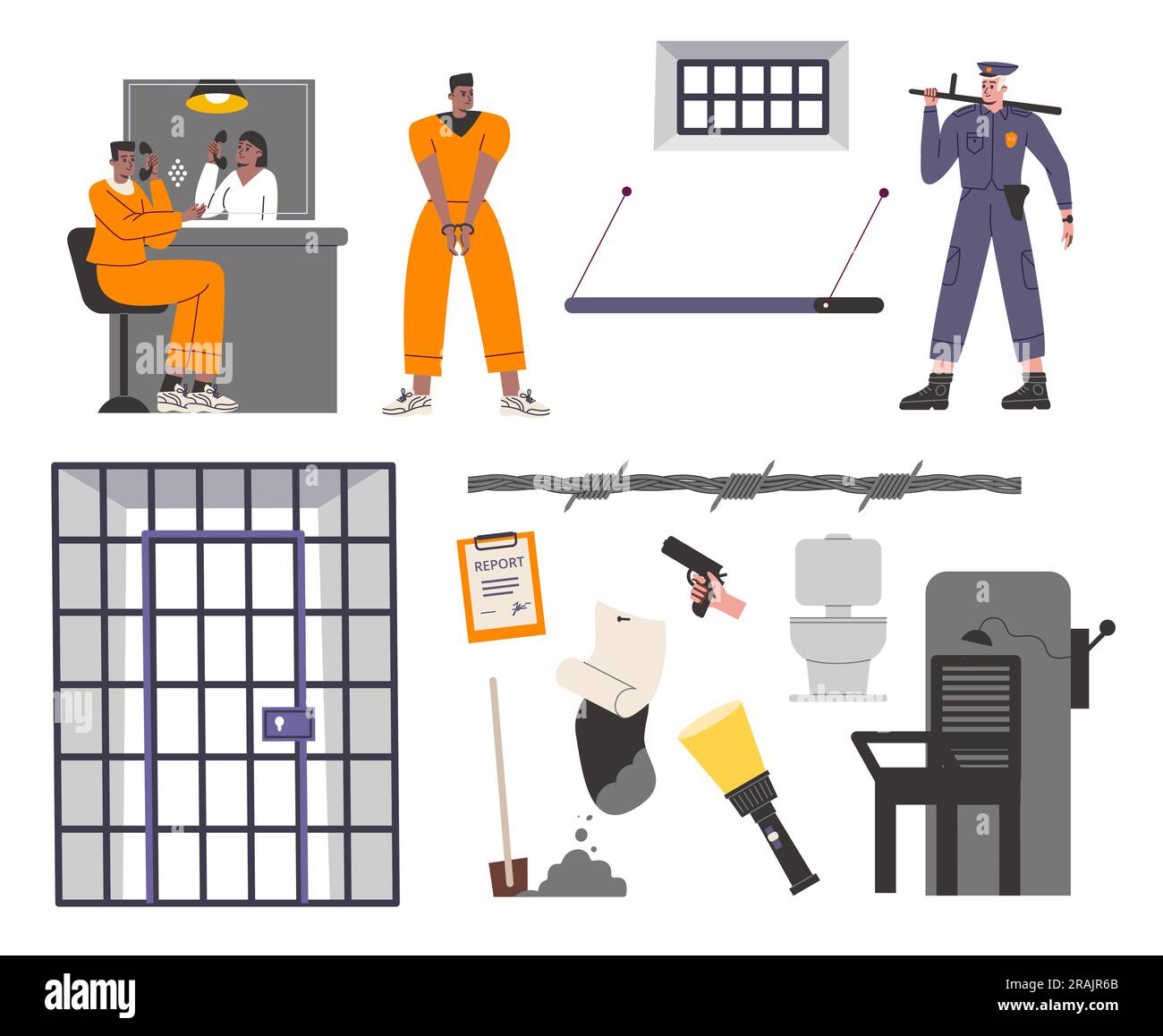Prison elements. Cartoon prisoners in overalls and handcuffed. Cell with bars. Dating room. Barbed wire. Electric chair. Jailhouse cage objects Stock Vector