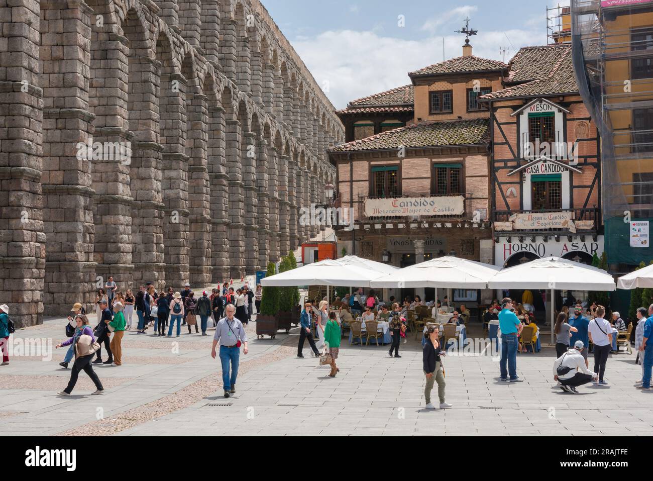 Segovia Spain, view in summer of the Plaza del Azoguelo and the magnificent 1st Century AD Roman aqueduct in the centre of the city of Segovia, Spain Stock Photo