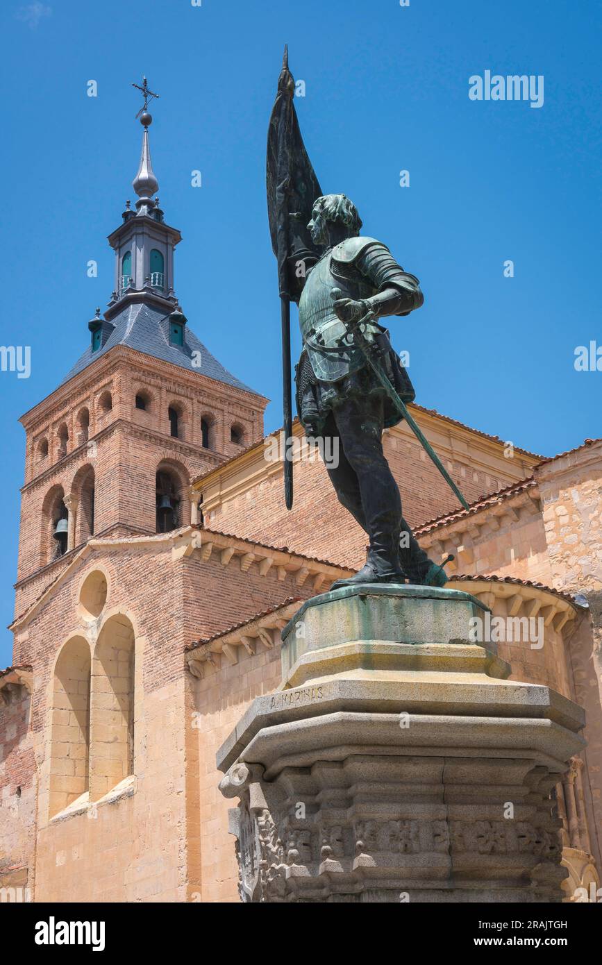 Juan Bravo Segovia, view of the statue of 16th Century folk hero Juan Bravo sited in the Plaza San Martin in the historic city of Segovia, Spain Stock Photo