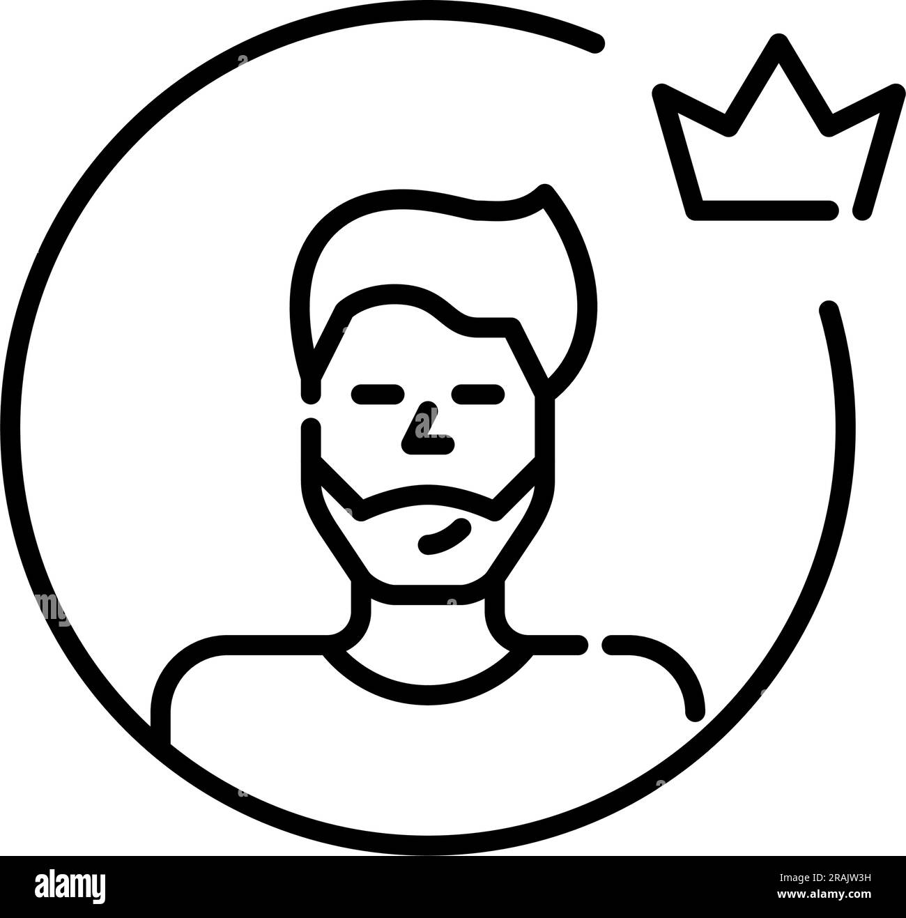 Premium user avatar. Young man with short hair and beard wearing t-shirt. Crown symbol. Pixel perfect, editable stroke Stock Vector