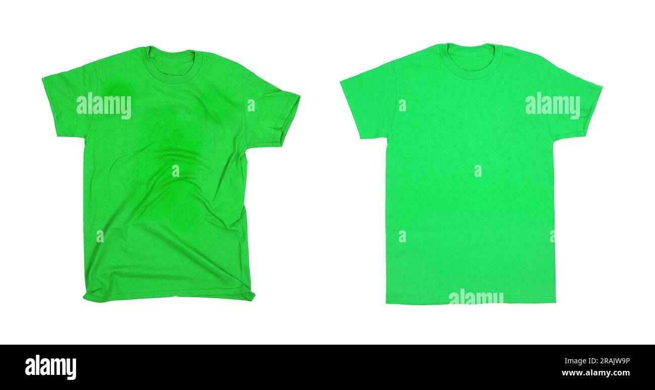 Green tshirts blank white background, smooth and wrinkled Stock Photo