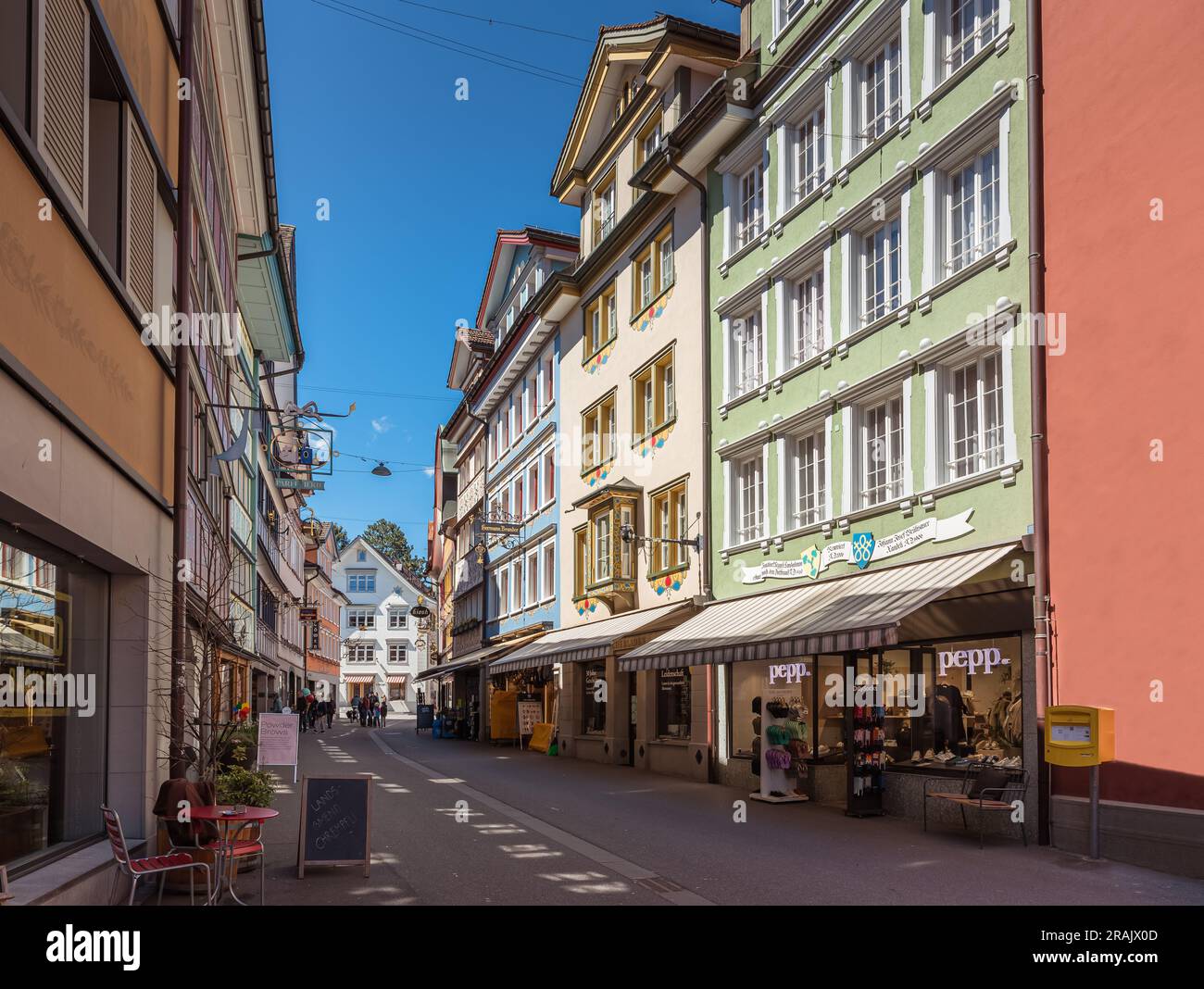 Typical Appenzell houses in the main street of Appenzell, Canton Appenzell Innerrhoden, Switzerland Stock Photo