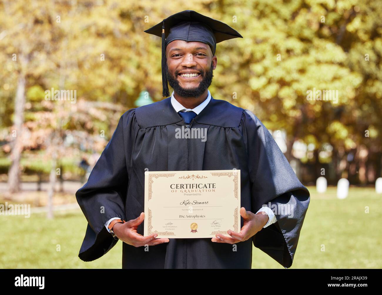 Certificate, black man and campus in portrait with smile with ...