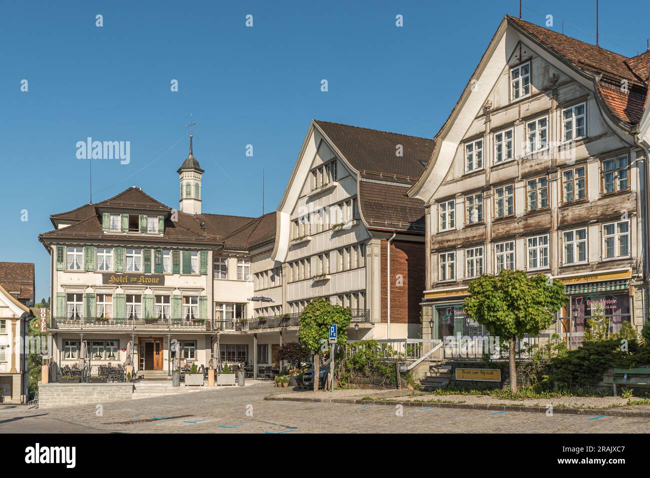Village square with traditional Appenzell wooden houses with curved gables, Gais, Appenzell Ausserrhoden, Switzerland Stock Photo