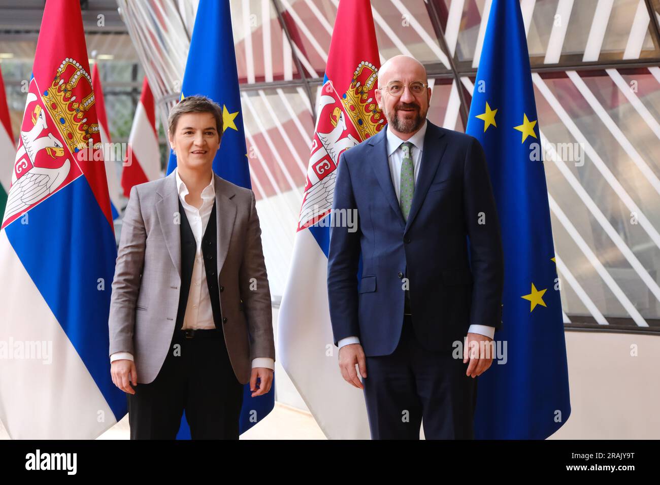 Brussels, Belgium. 04th July, 2023. European Council President Charles MICHEL receives the Prime Minister of Serbia, Ana BRNABIC in Brussels, Belgium on July 4, 2023. Credit: ALEXANDROS MICHAILIDIS/Alamy Live News Stock Photo