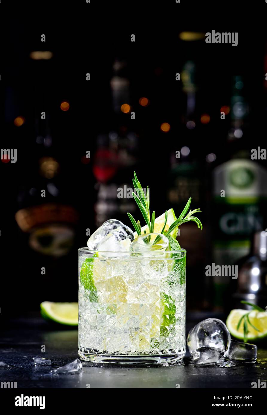Gin fizz alcohol cocktail drink with dry gin, lime juice, sugar syrup, soda, rosemary and ice