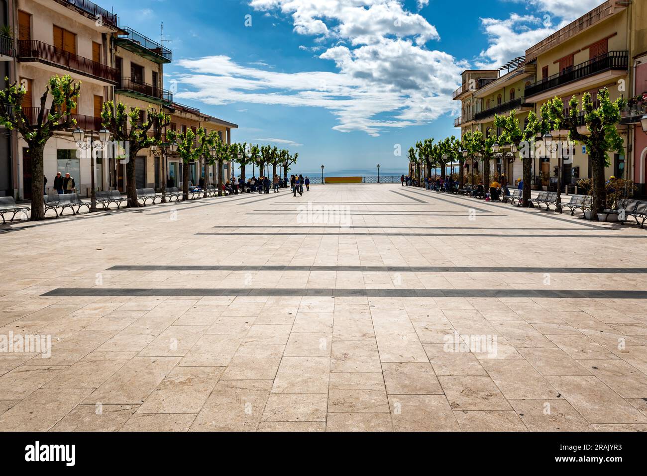 Zafferana Etnea, Sicily, Italy, May 16th, 2023. -  Main Square and sea view, near Mount Etna, Sicily, Italy Stock Photo