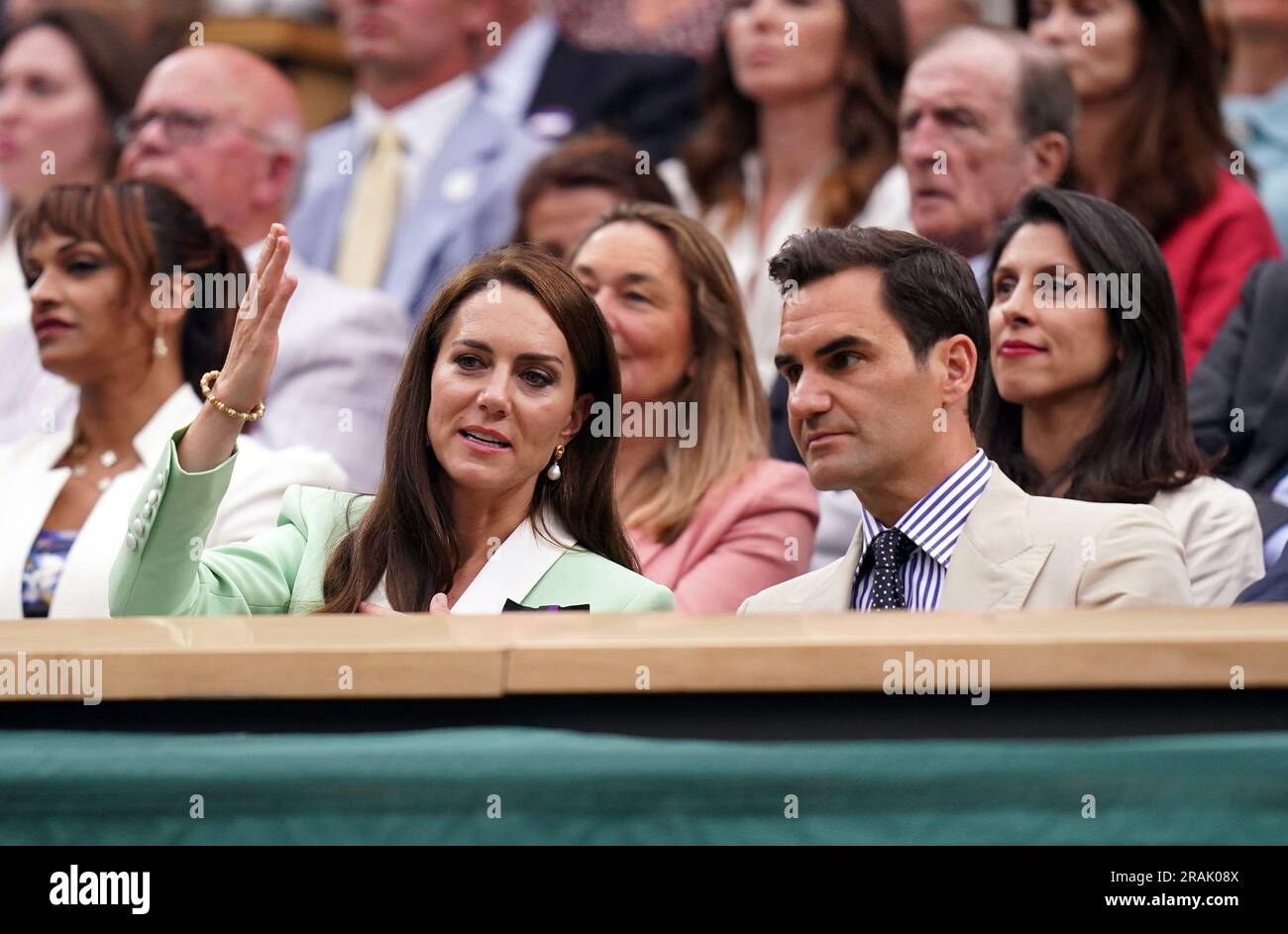 The Princess of Wales alongside Roger Federer in the royal box on day two of the 2023 Wimbledon Championships at the All England Lawn Tennis and Croquet Club in Wimbledon. Picture date: Tuesday July 4, 2023. Stock Photo