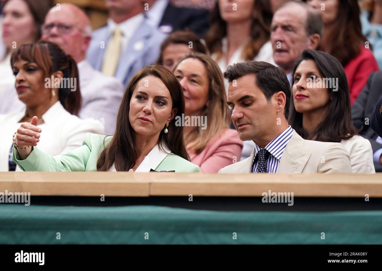 The Princess of Wales alongside Roger Federer in the royal box on day two of the 2023 Wimbledon Championships at the All England Lawn Tennis and Croquet Club in Wimbledon. Picture date: Tuesday July 4, 2023. Stock Photo