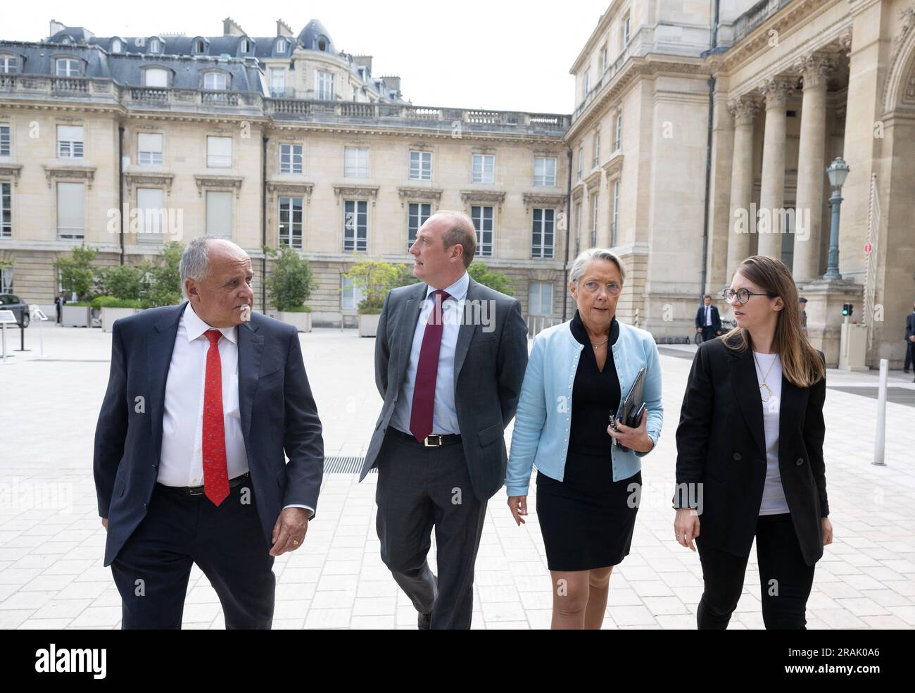 Paris, France. 04th July, 2023. French Prime Minister Elisabeth Borne with  president of the centrist party 'MoDem' parliamentary group at the National  Assembly Jean-Paul Mattei, president of the right-wing party 'Horizon'  parliamentary