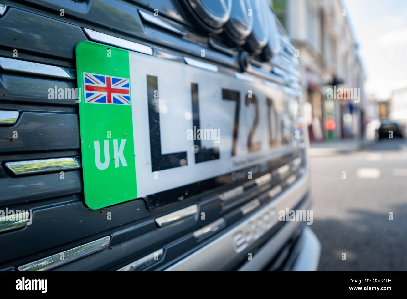London- June 2023: UK Green driving licence plate, issued to electric vehicles Stock Photo