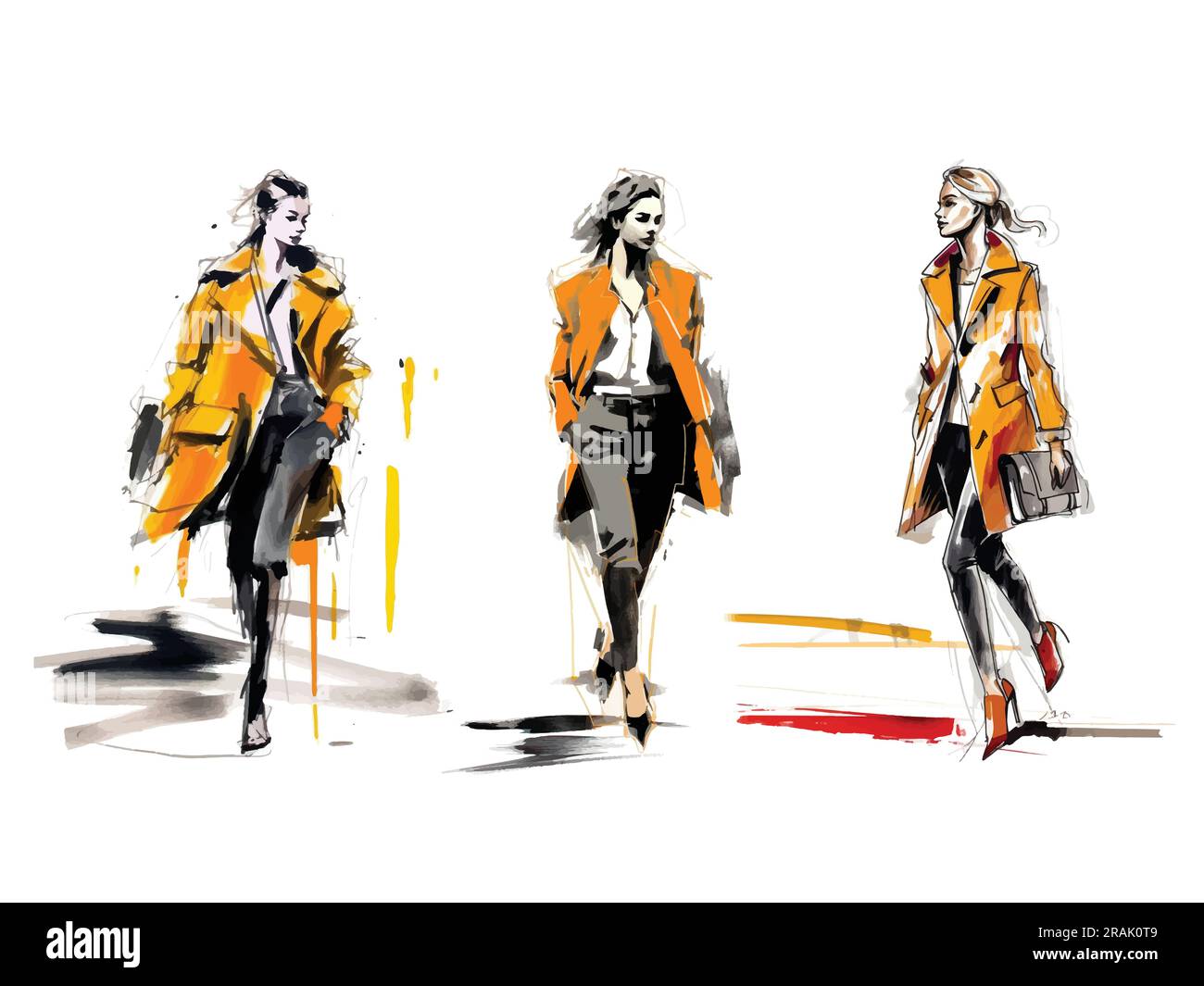 Set of vector illustrations: a fashionably dressed women are walking ...