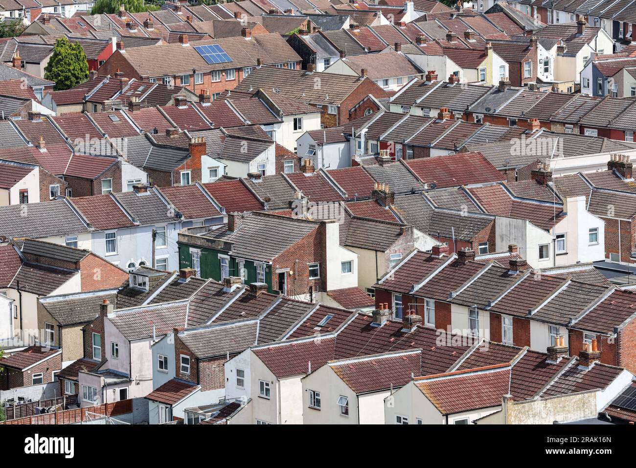 Aerial view of rows of houses and rooftops, in Portsmouth, Hampshire, UK Stock Photo
