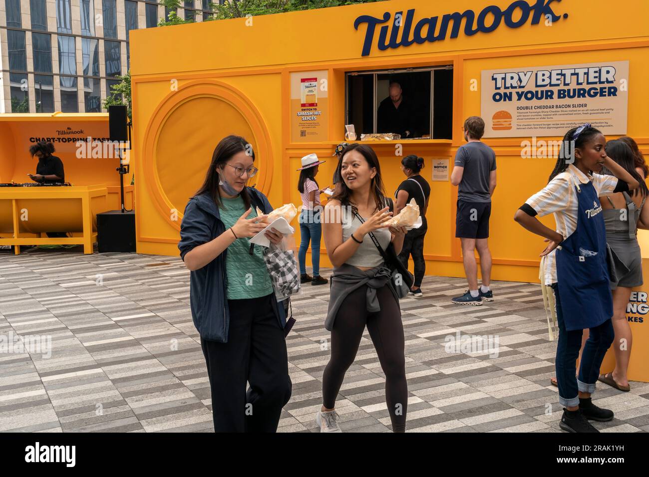 Brand activation for Tillamook Cheddar in Hudson Yards in New York on Monday, June 26, 2023. Visitors were treated to a slider made with the company’s slices of cheddar. Tillamook County Creamery Association is a dairy cooperative owned by farmers and is the 48th largest dairy producer in North America. (© Richard B. Levine) Stock Photo