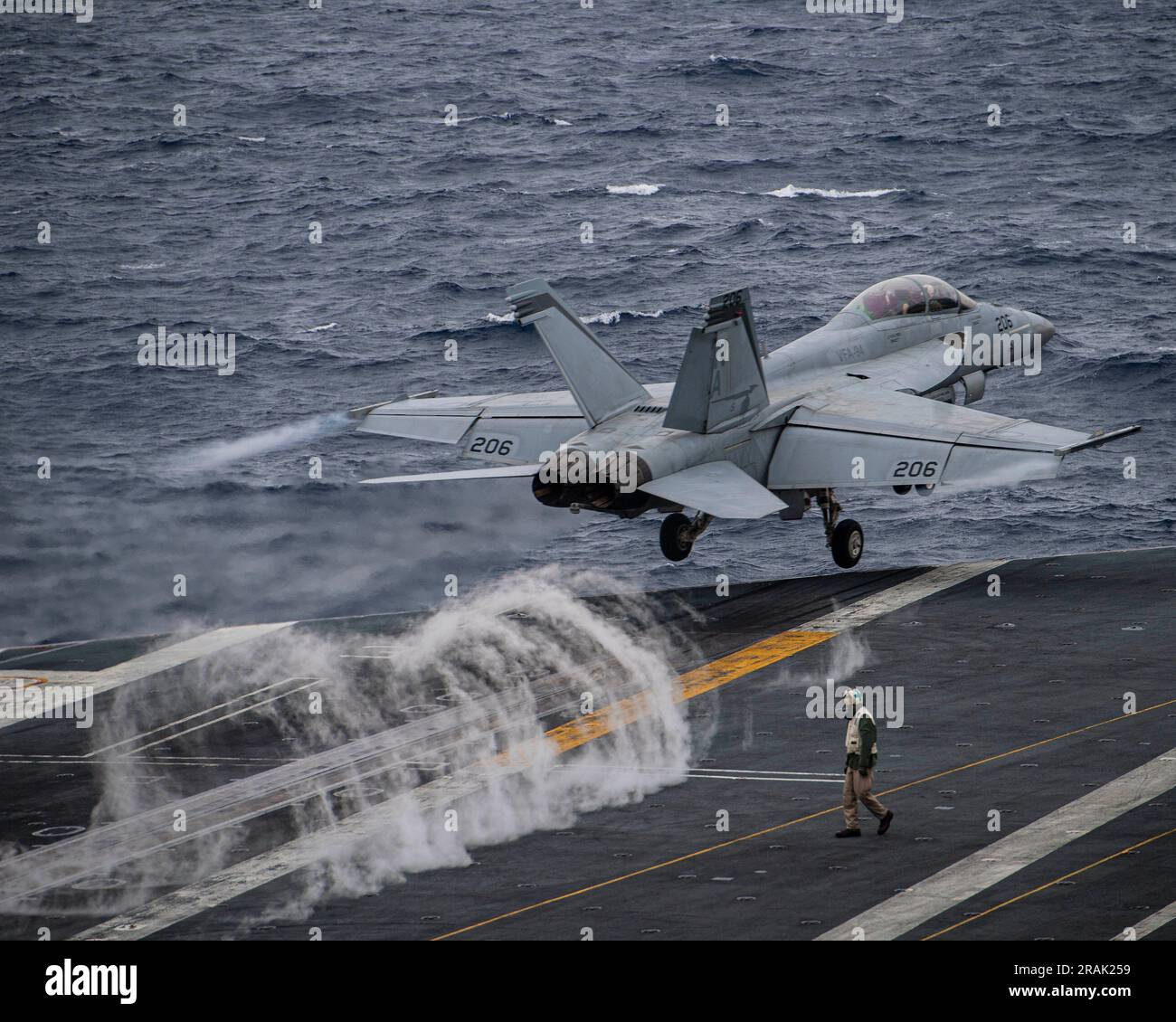 USS Nimitz, United States. 27 June, 2023. A U.S. Navy F/A-18F Super Horner fighter aircraft from the Mighty Shrikes of Strike Fighter Squadron 94, launches on the flight deck of the Nimitz-class aircraft carrier USS Nimitz underway conducting routine operations, June 27, 2023 on the Pacific Ocean. Credit: MC2 Joseph Calabrese/U.S Navy Photo/Alamy Live News Stock Photo