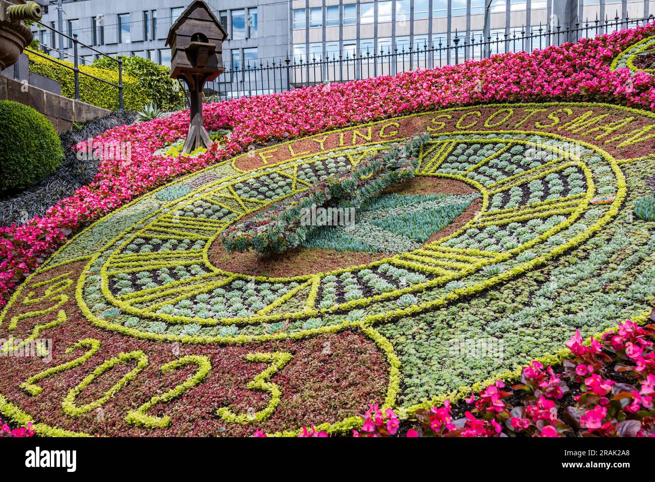 Historic floral clock commemorating Flying Scotsman vintage steam train