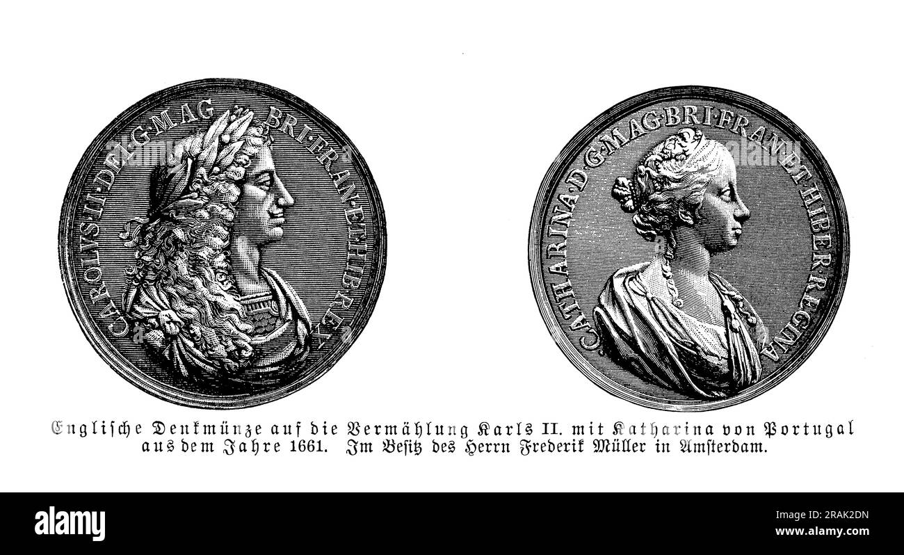 English votive medal for the marriage of Charles II with  Catherine of Braganza, 1661 Stock Photo