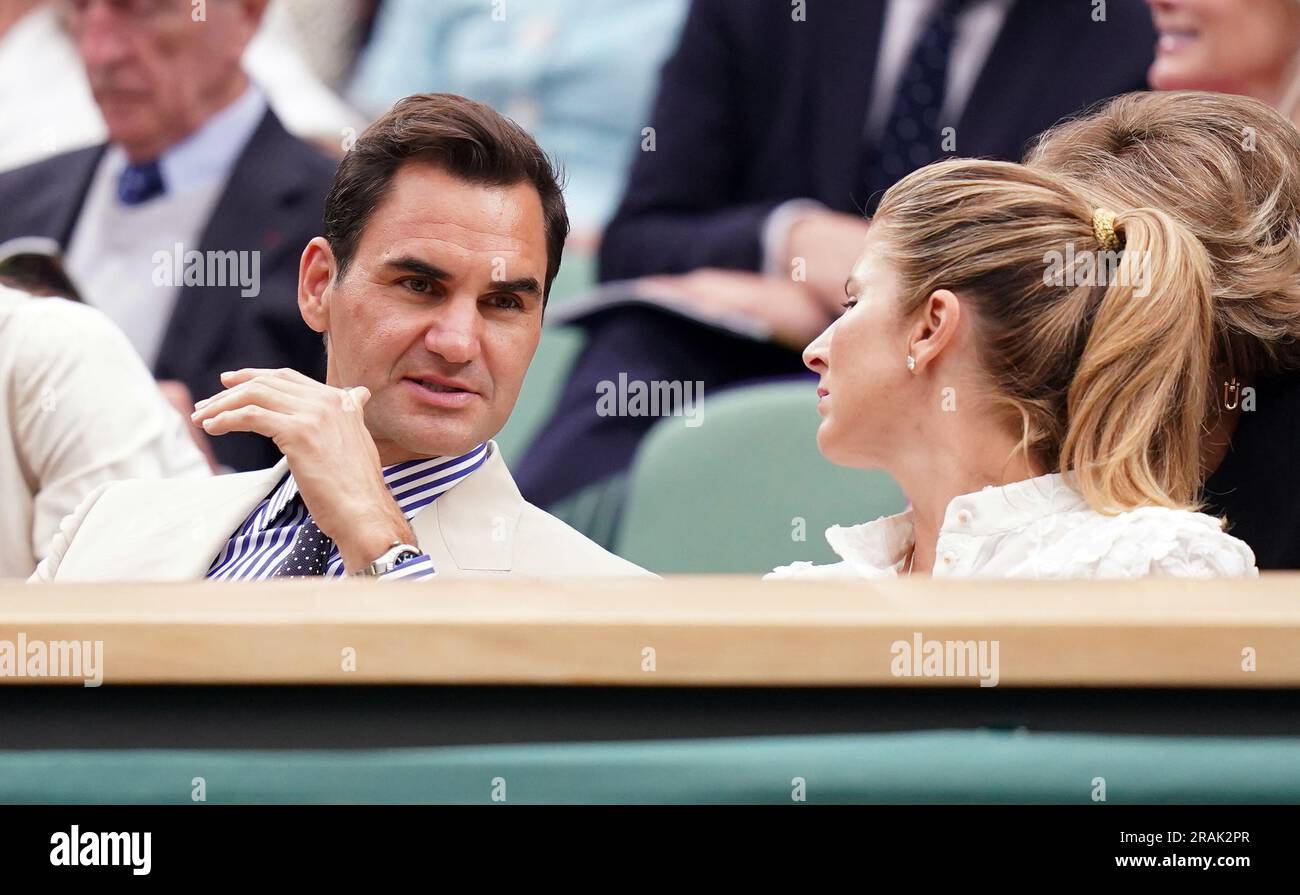 Roger Federer and his wife Mirka, in the royal box on day two of the 2023 Wimbledon Championships at the All England Lawn Tennis and Croquet Club in Wimbledon. Picture date: Tuesday July 4, 2023. Stock Photo
