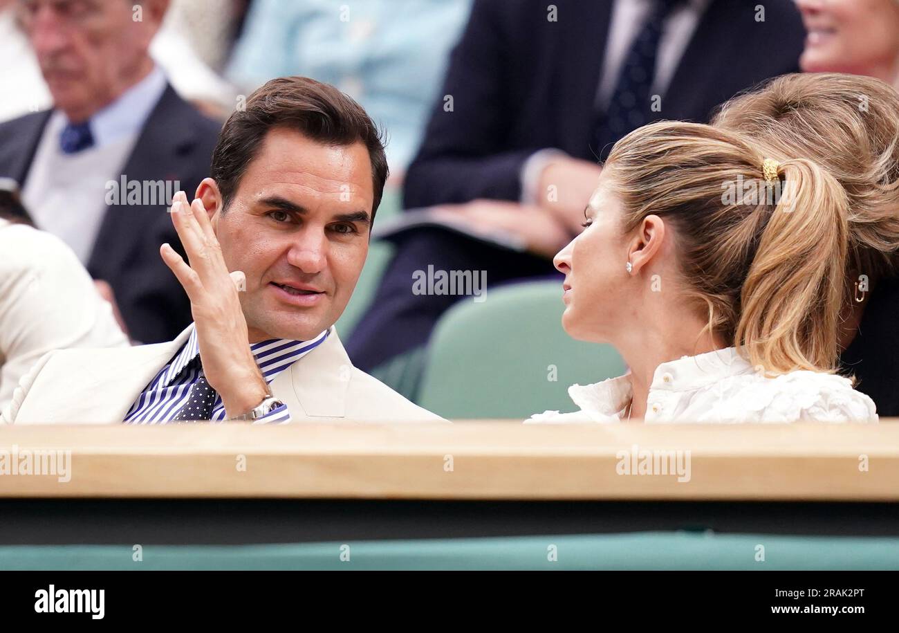 Roger Federer and his wife Mirka, in the royal box on day two of the 2023 Wimbledon Championships at the All England Lawn Tennis and Croquet Club in Wimbledon. Picture date: Tuesday July 4, 2023. Stock Photo