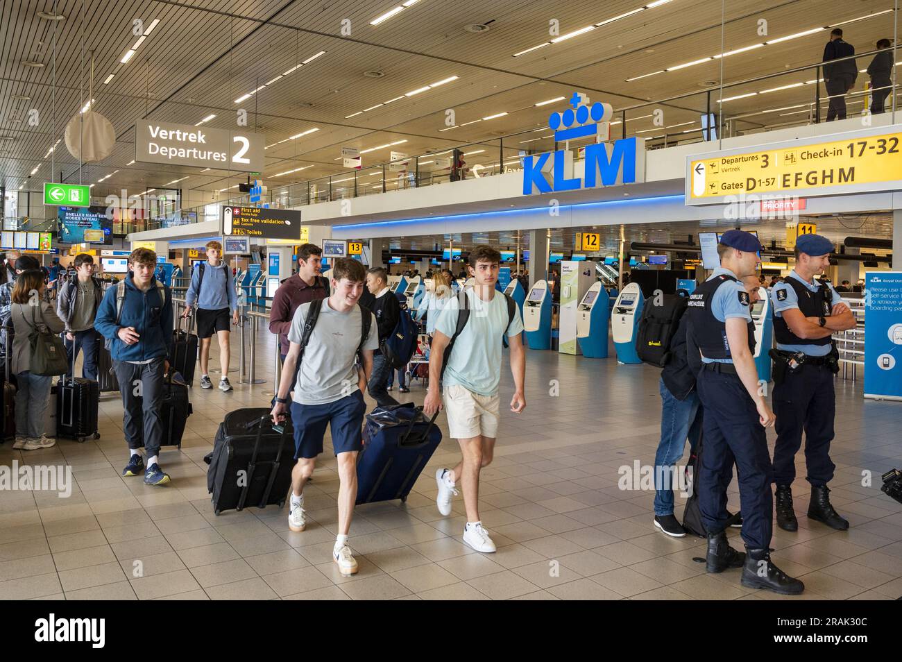 SCHIPHOL The KLM checkin desks in the departure hall. Schiphol is preparing for the busy