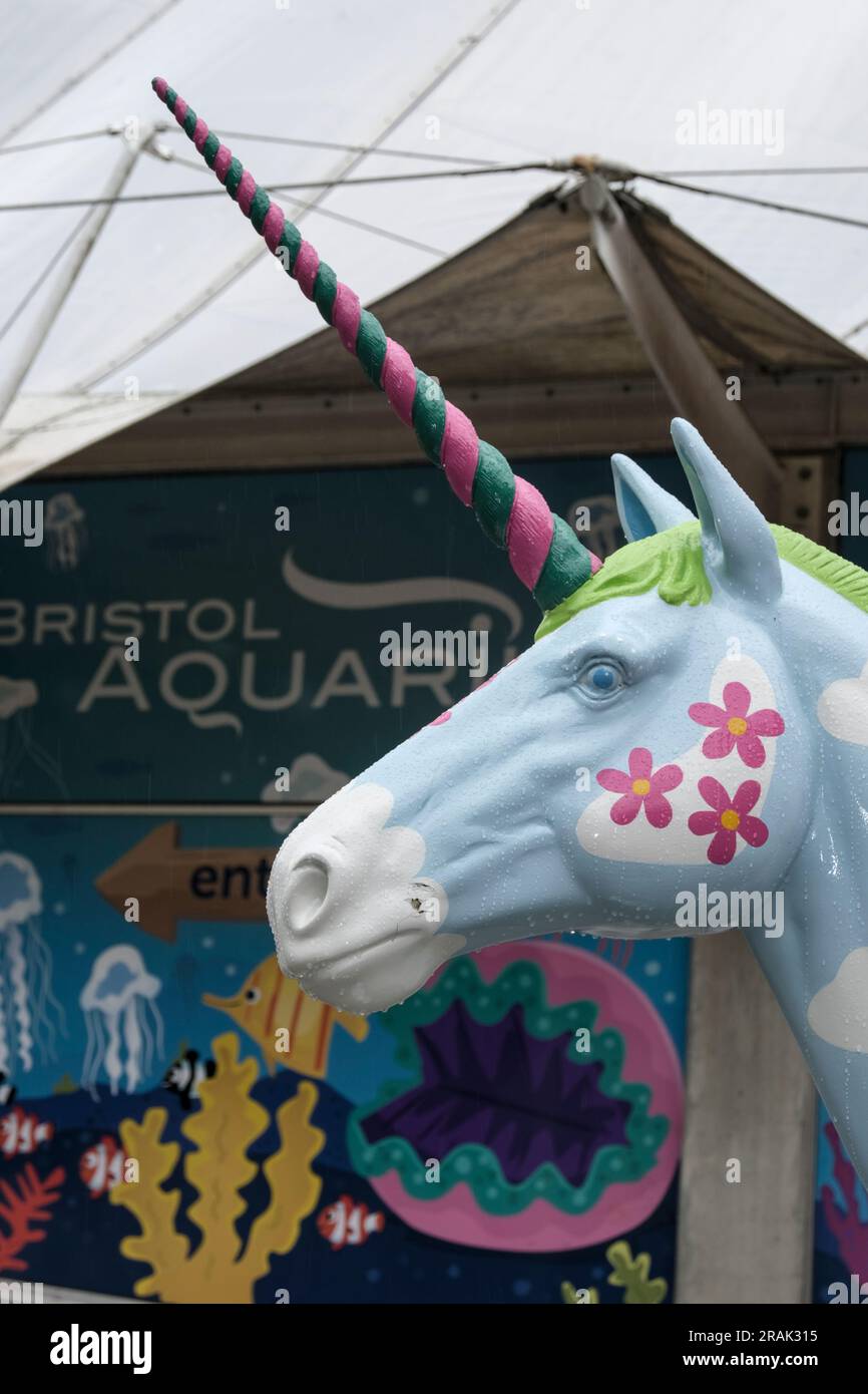 Bristol, UK. 4th July, 2023. Bristol's latest art trail features Unicorns. Mythical creatures decorated by local artists to celebrate the cities 650th anniversary celebrations have appeared around the city. They will form a tourist friendly trail during the summer until they are auctioned off for Leukaemia Care in September. UWE Corn by Chloe Tyler sponsored by UWE Bristol. Credit: JMF News/Alamy Live News Stock Photo