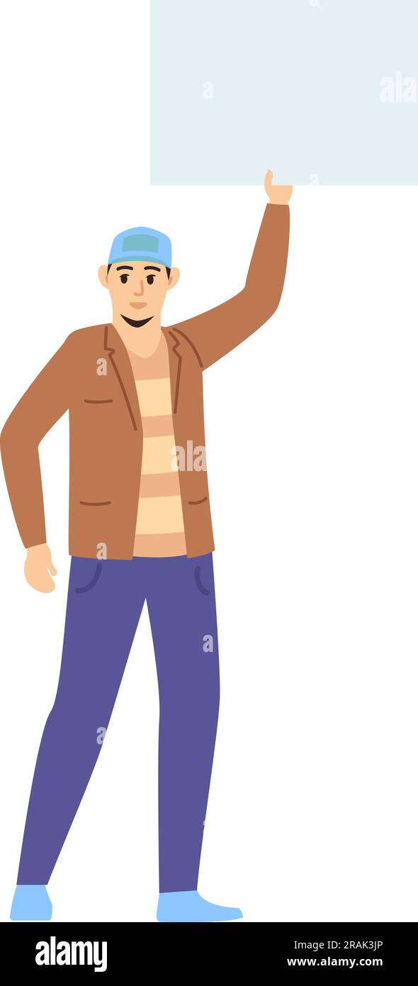 Man raising placard. Demonstration participant with empty banner Stock Vector